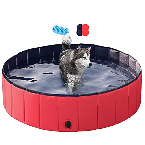 Yaheetech Piscina para Perros y Gatos PVC Plegable Bañera para Mascota Animales Grandes en Interiores y Exteriores 120 x 30 cm/Rojo