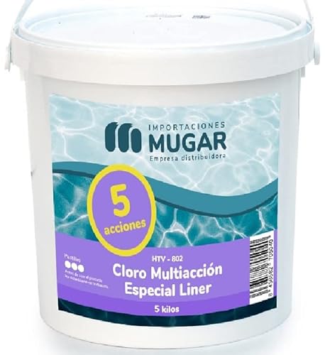 MUGAR- Cloro 5 Kg Multiacción Especial Liner 5 Efectos para Piscinas de Liner- Envase de 5kg en Pastillas 200 gr Sin Cobre para Tratamiento Piscinas